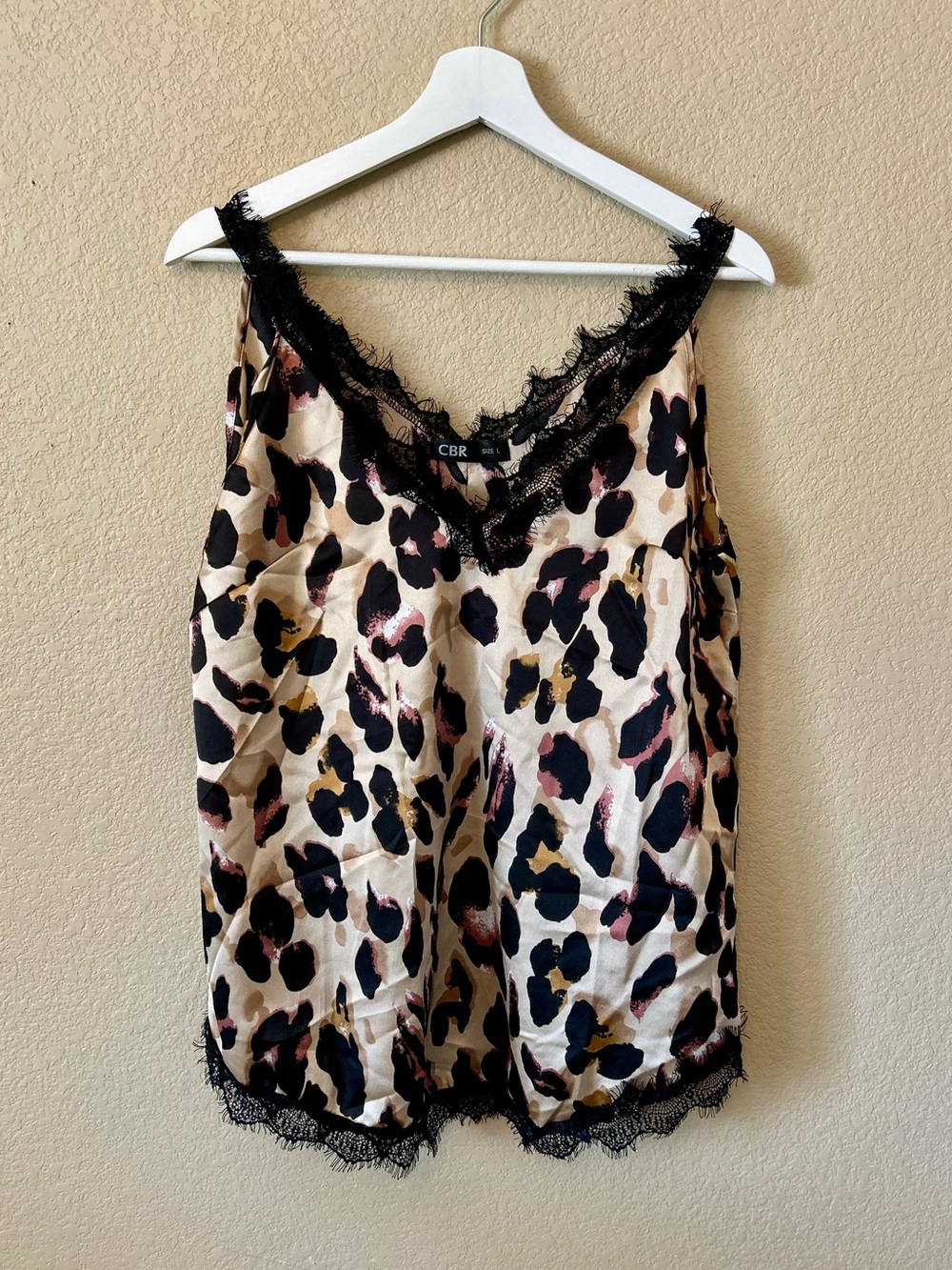 CBR Leopard Print Satin Cami with Black Lace Size L Cheetah
